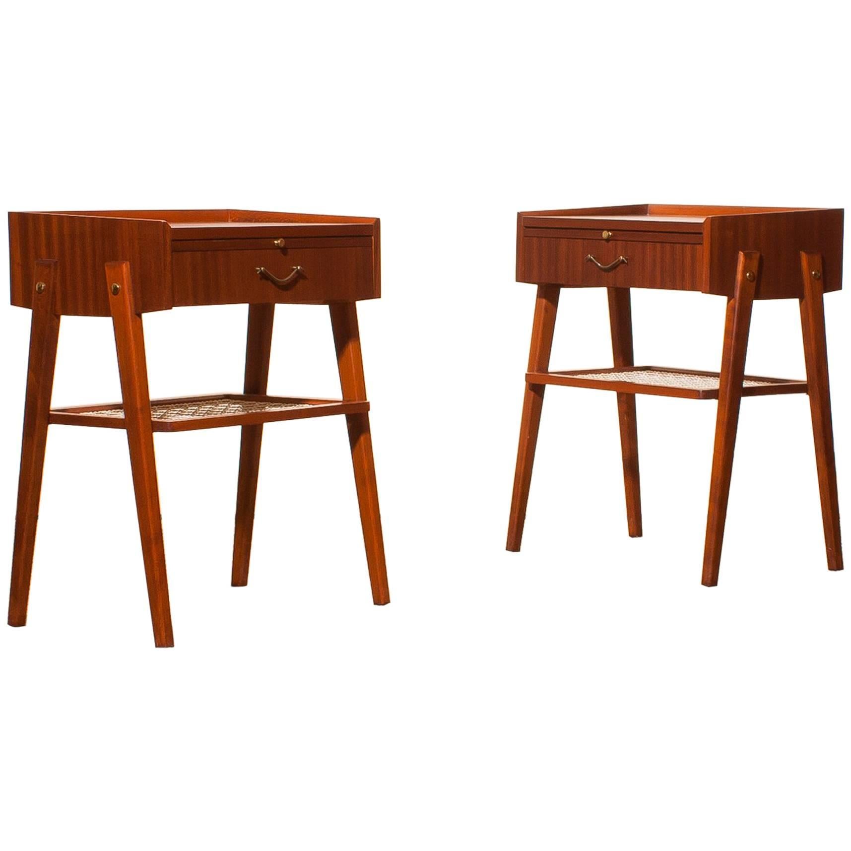 1960s Pair of Teak and Brass Bedside Tables