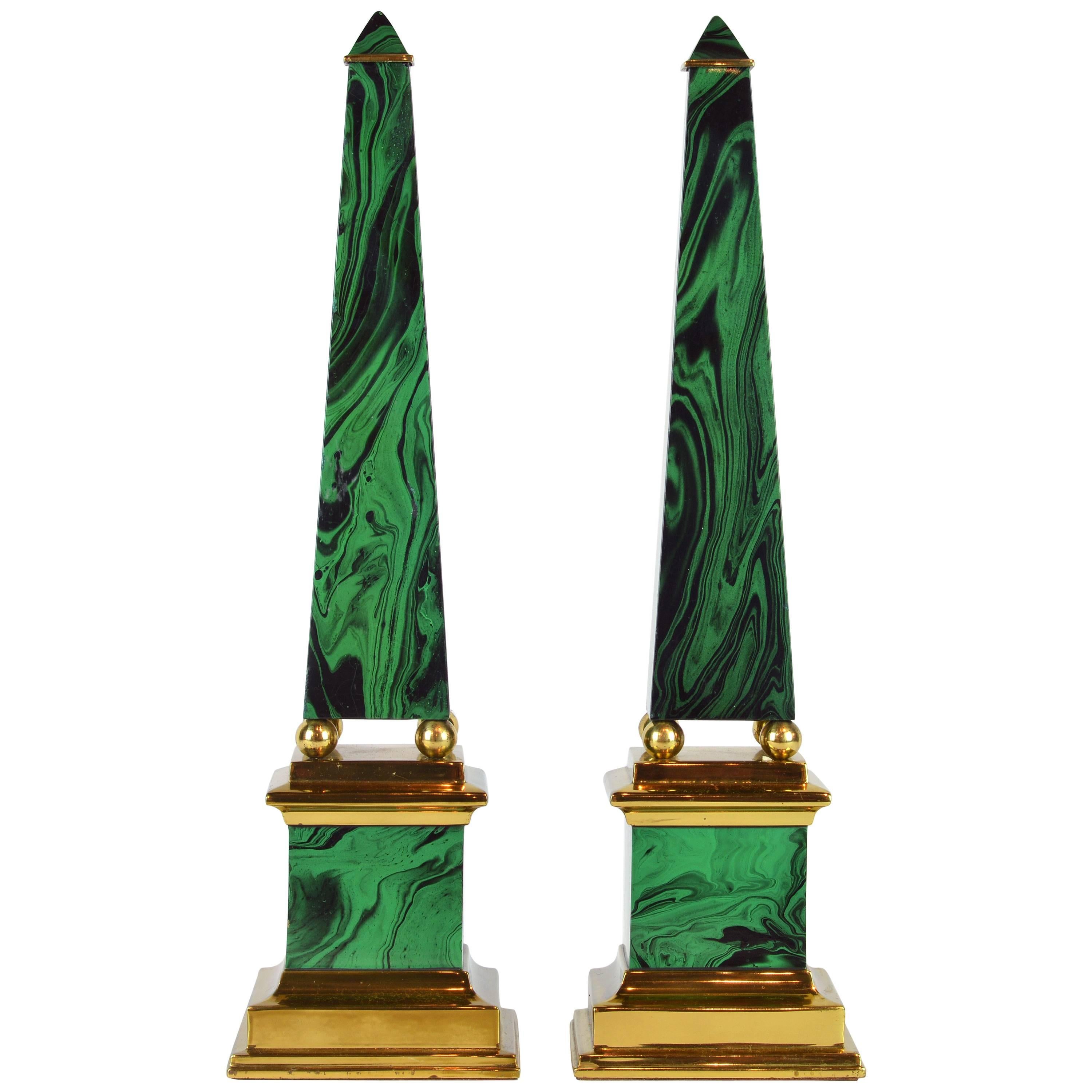 Pair of Tall Paul Hanson Midcentury Faux Malachite and Brass Obelisk Models