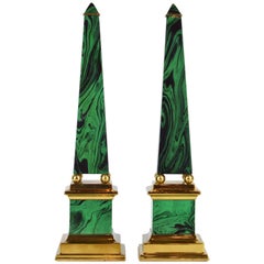 Pair of Tall Paul Hanson Midcentury Faux Malachite and Brass Obelisk Models