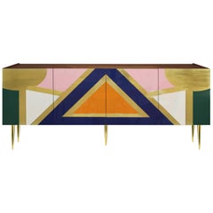 Hollywood Style High Gloss Lacquered Wood and Brass Sideboard Yucatan