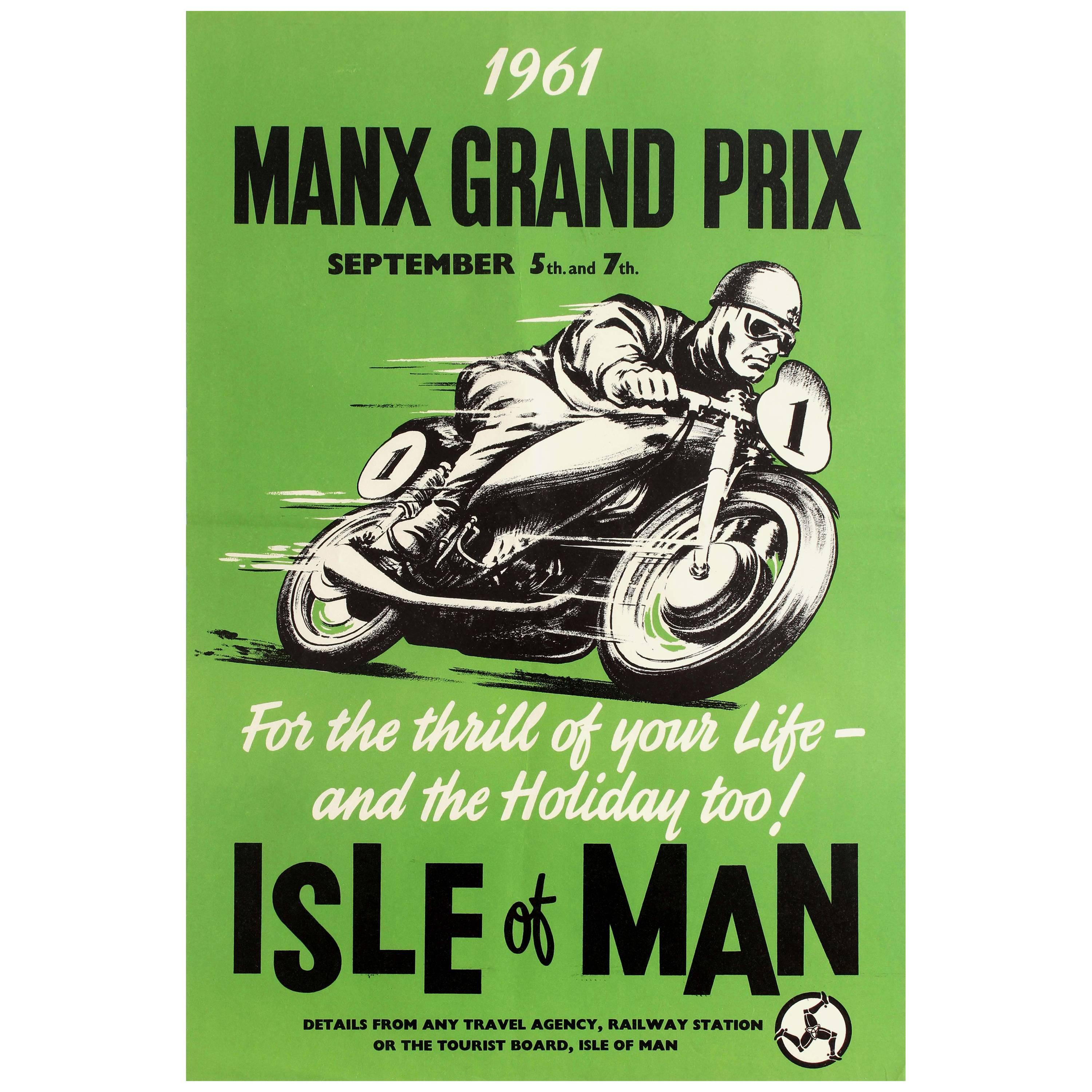 Original Vintage Manx Grand Prix Motorcycle Poster - For The Thrill of Your Life For Sale