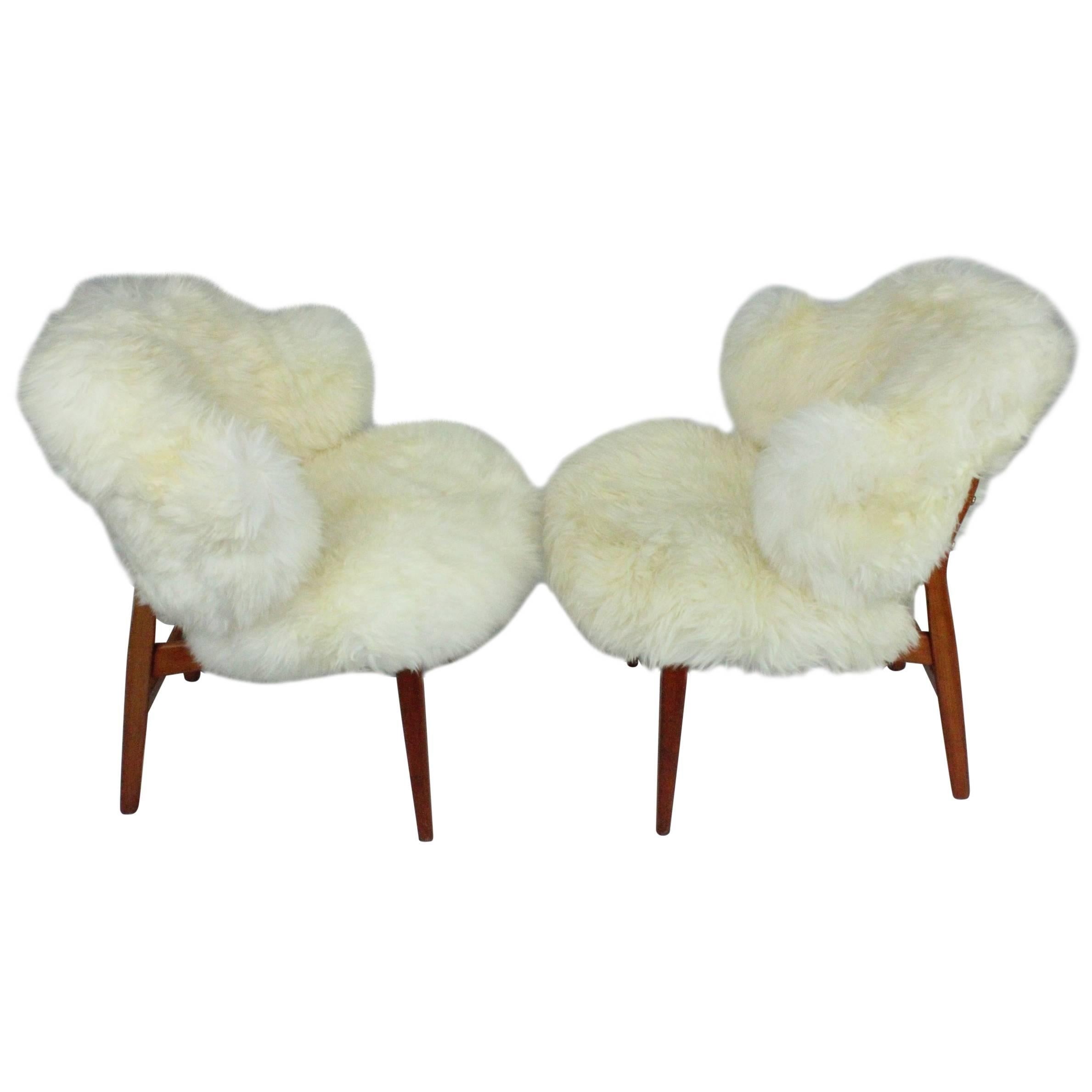 Pair of Ib Kofod-Larsen Shell Chairs Dressed in Swedish Long Haired Sheepskin