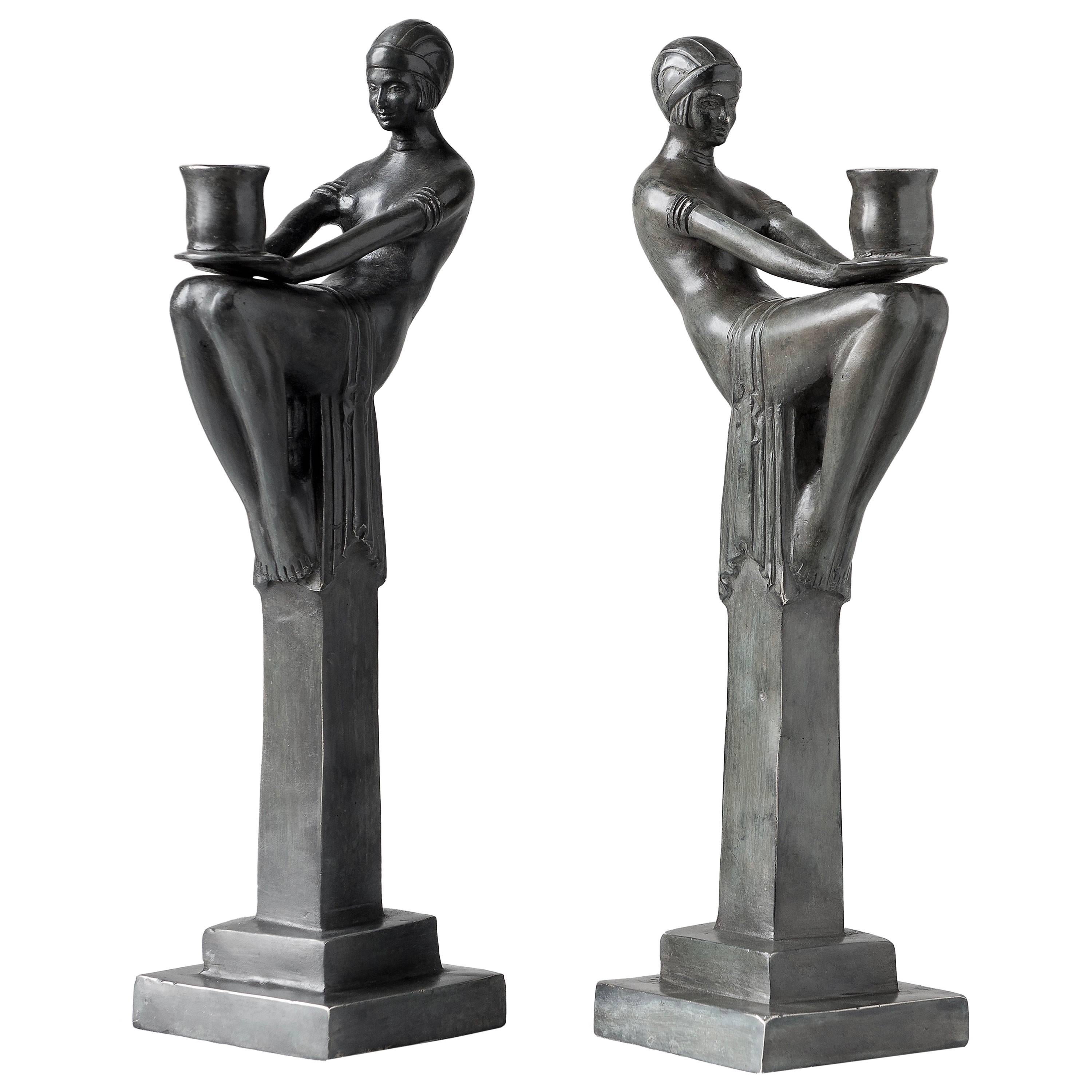 Pair of Candlesticks in Patinated Bronze Art Deco Style