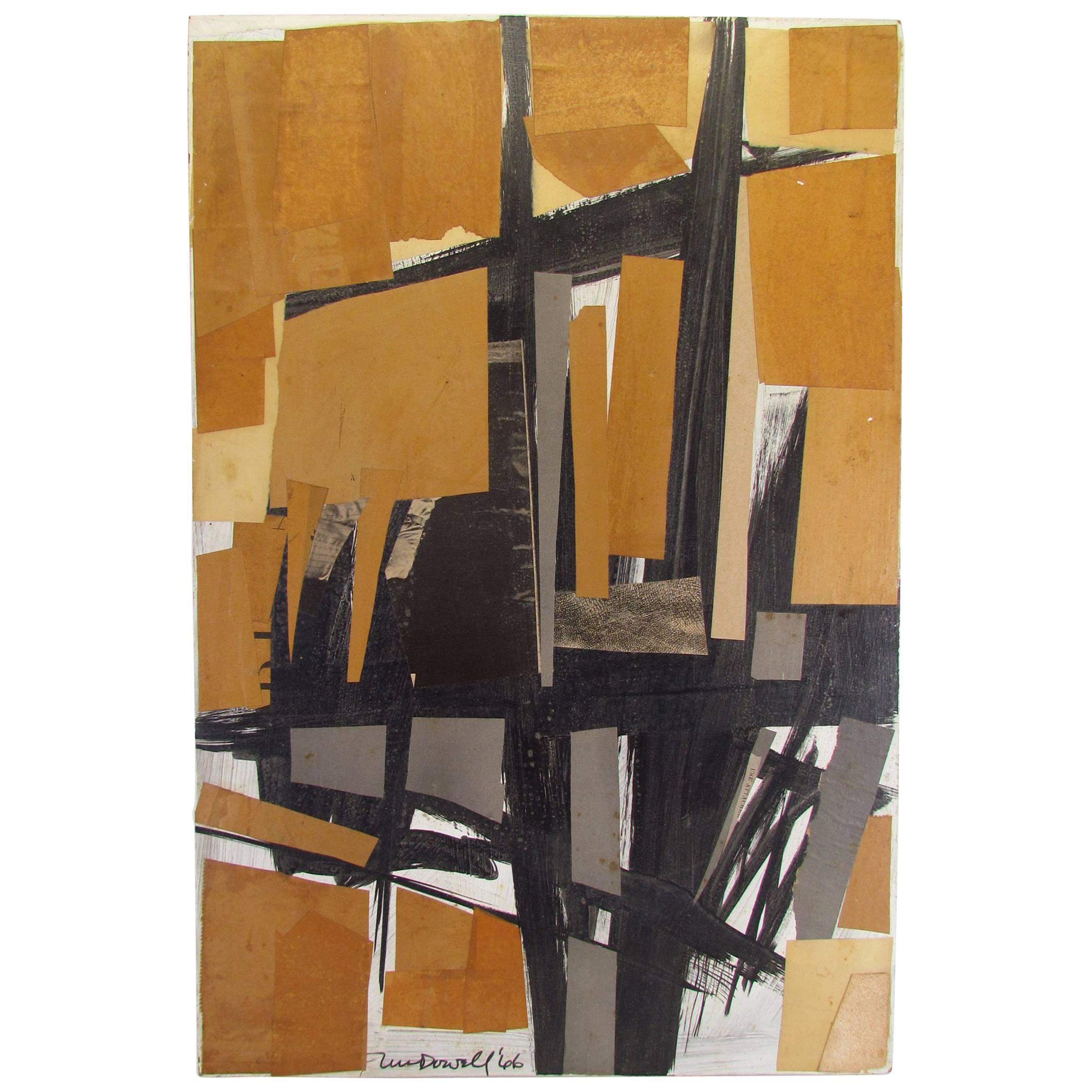 Midcentury Abstract Mixed-Media Collage Painting Signed McDowell, 1966