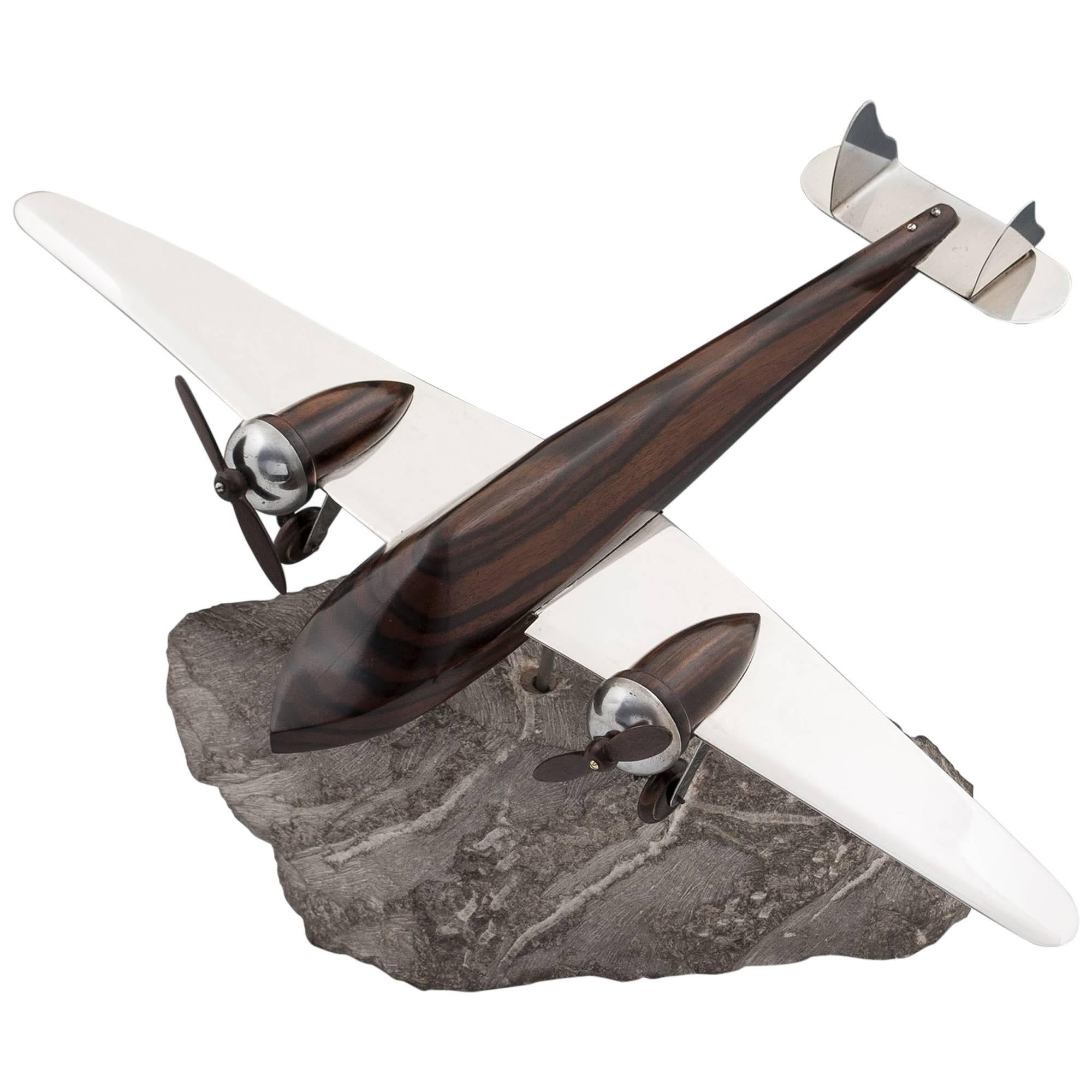 Art Deco Macassar Ebony and Silver Plate Model Aeroplane, 20th Century
