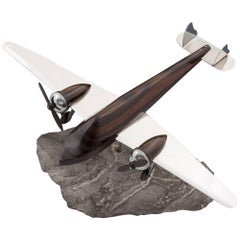 Vintage Art Deco Macassar Ebony and Silver Plate Model Aeroplane, 20th Century