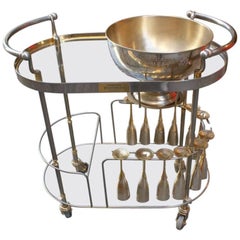 Vintage Metal Trolley Bar, with Glacette and 12 Glasses; France, 1970
