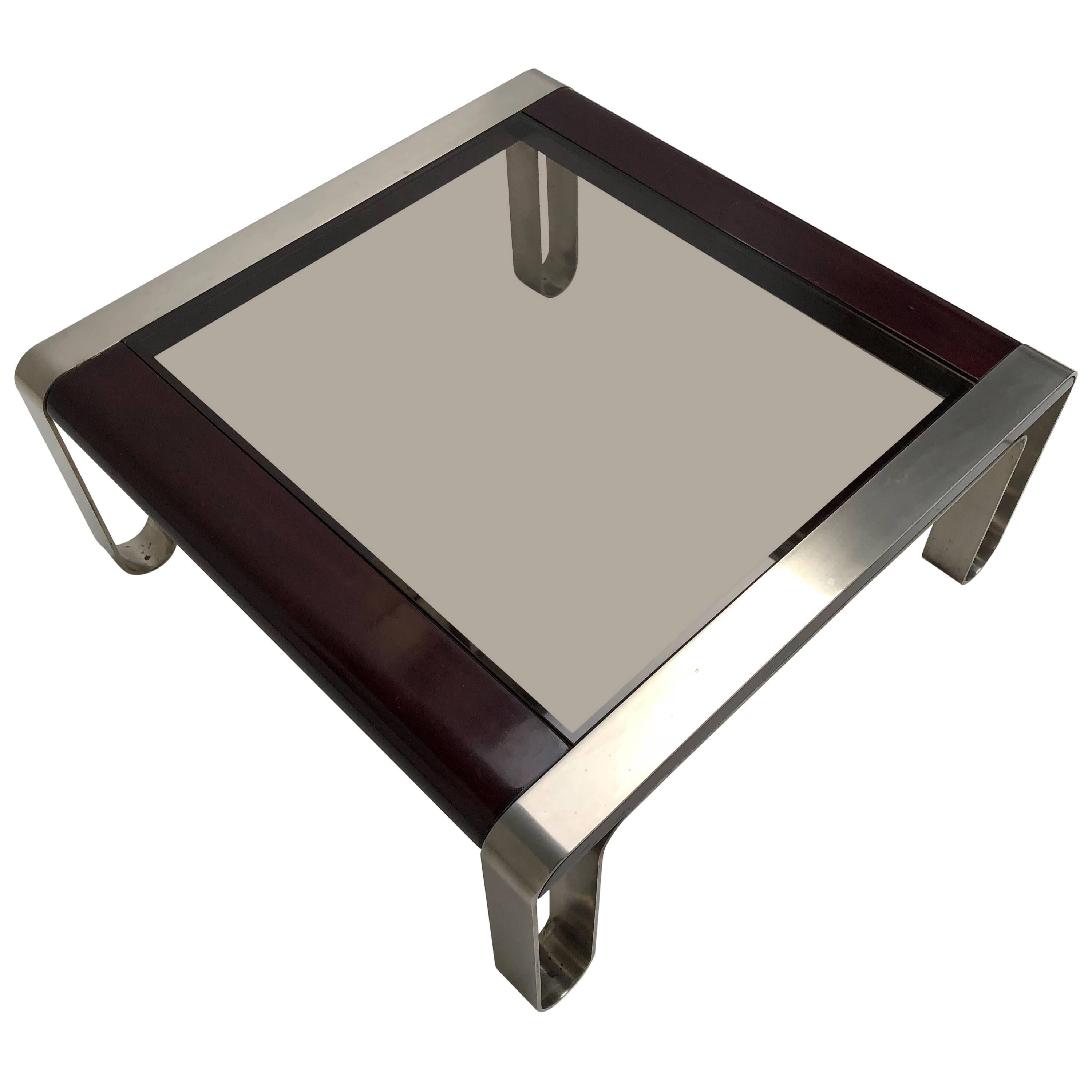 Italian, 1970s Sculptural Coffee or Side Table Nickel-Plated Steel, Wood & Glass For Sale