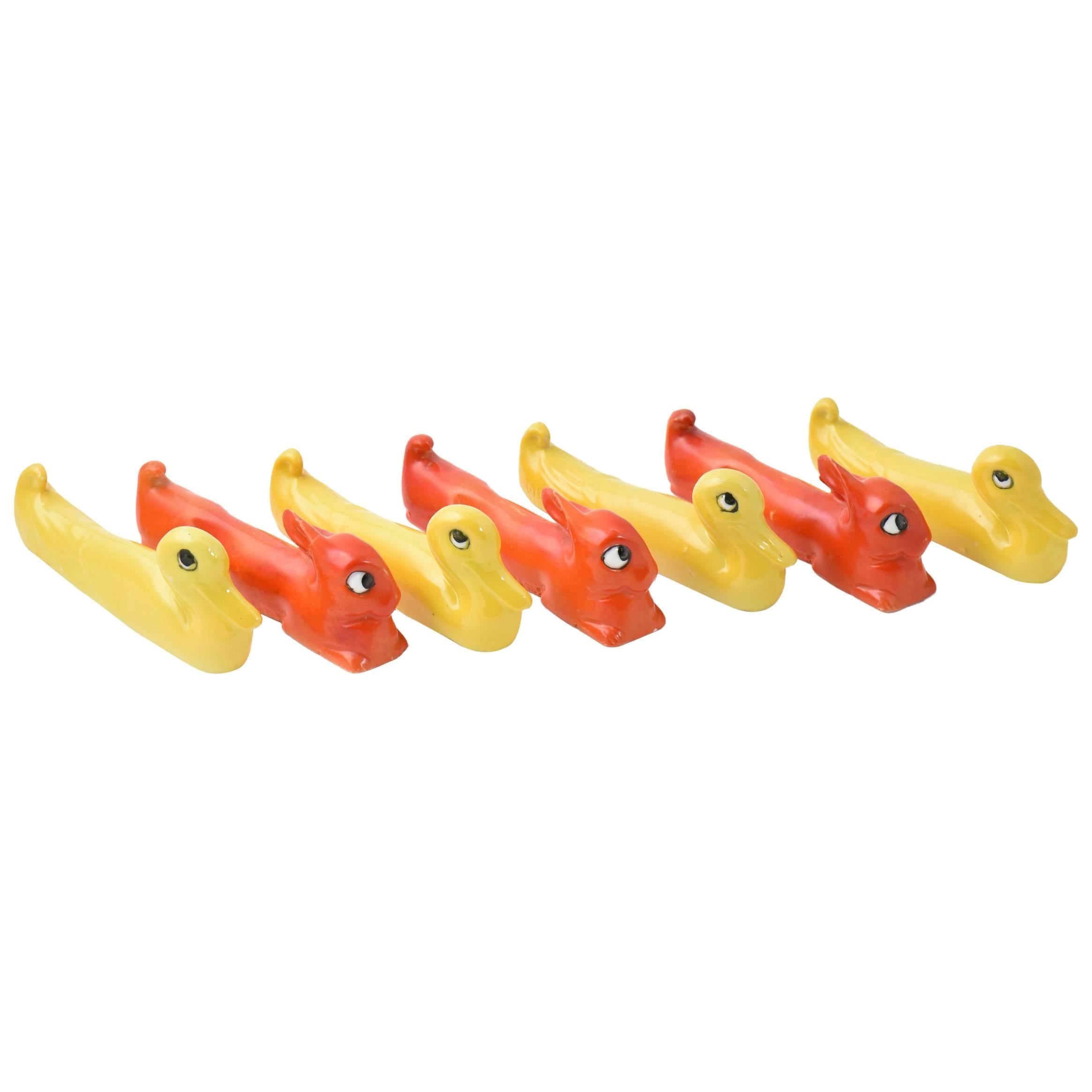 Art Deco Duck and Bunny Rabbit Knife Rests, Set of Seven