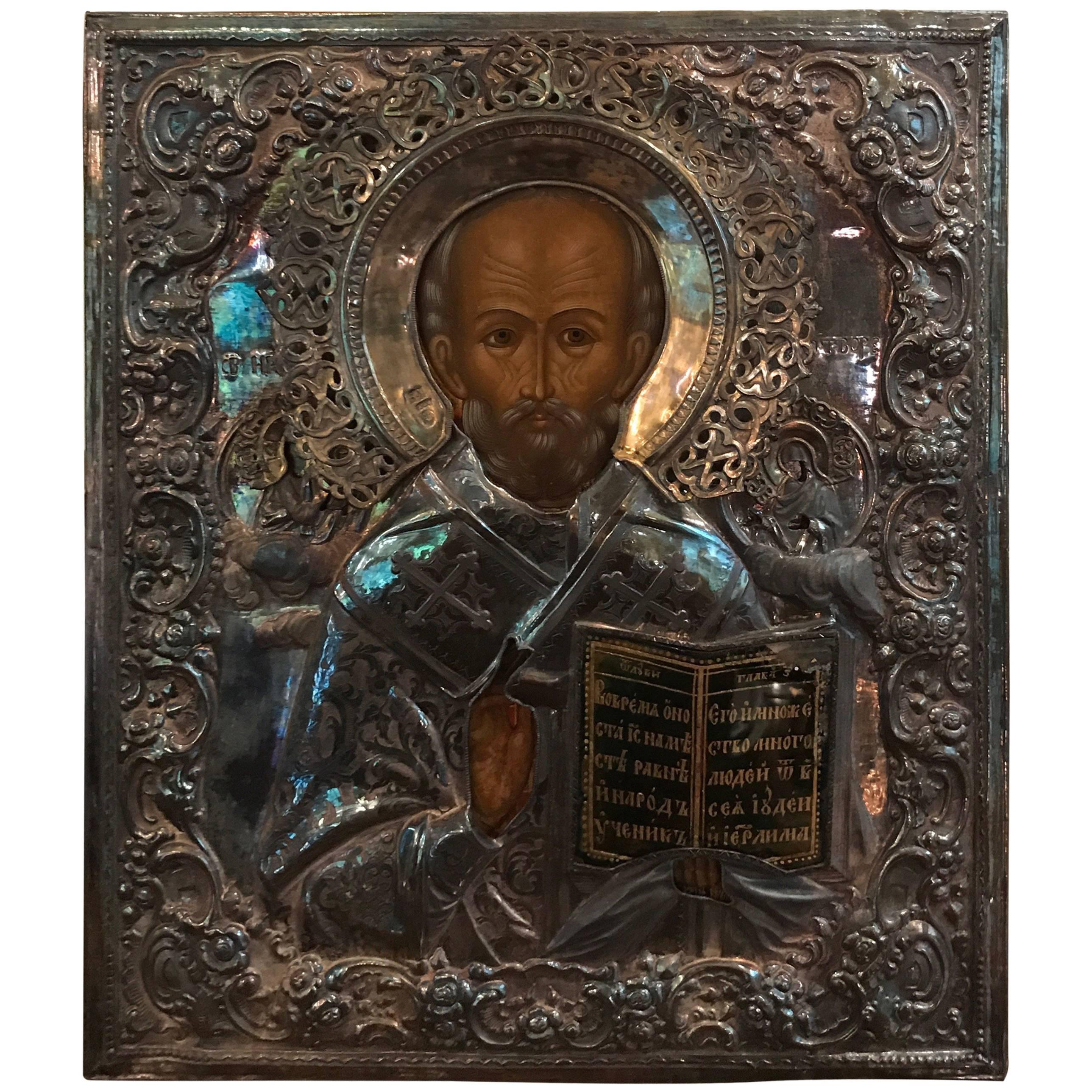 Icon of Nikolae Cudotvorec Silver by E. Fedorowitsch St Petersburg For Sale