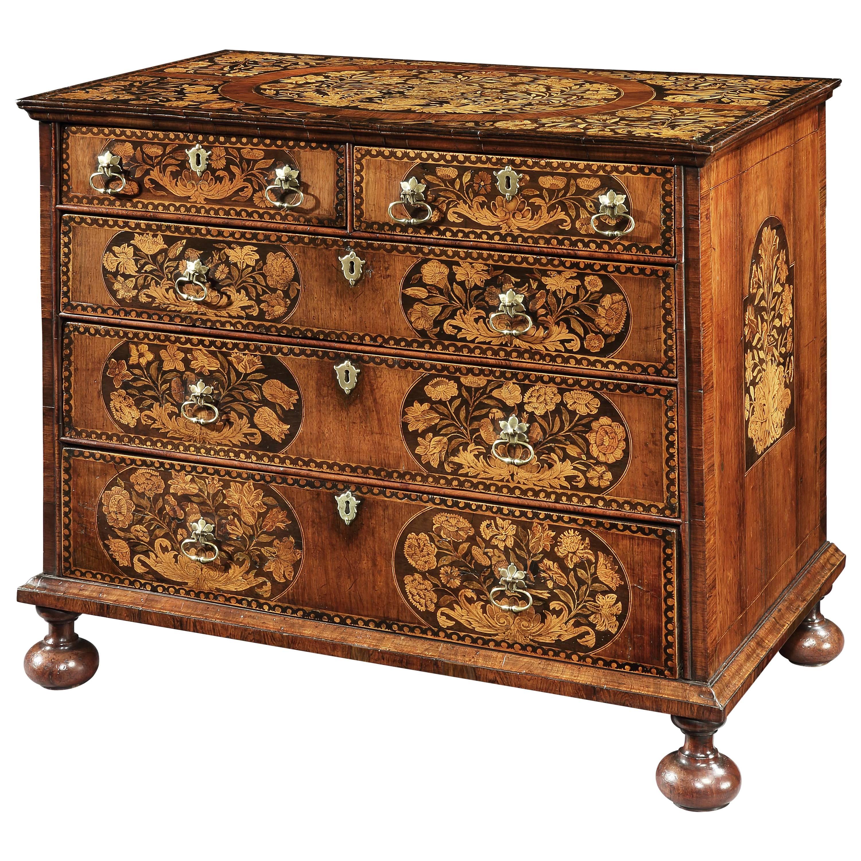 William and Mary Marquetry Chest of Drawers with Floral Marquetry