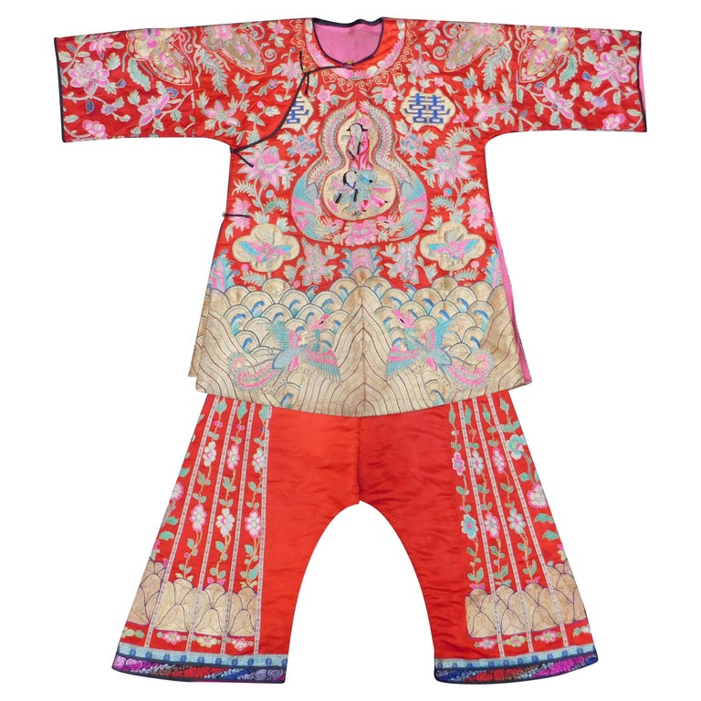 Chinese Red Silk Gold Embroidered Robe/Coat and Pants Wedding Set