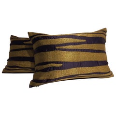 Cushions With Contemporary Hand Embroidery Gold Thread on Dark Blue Silk Satin 