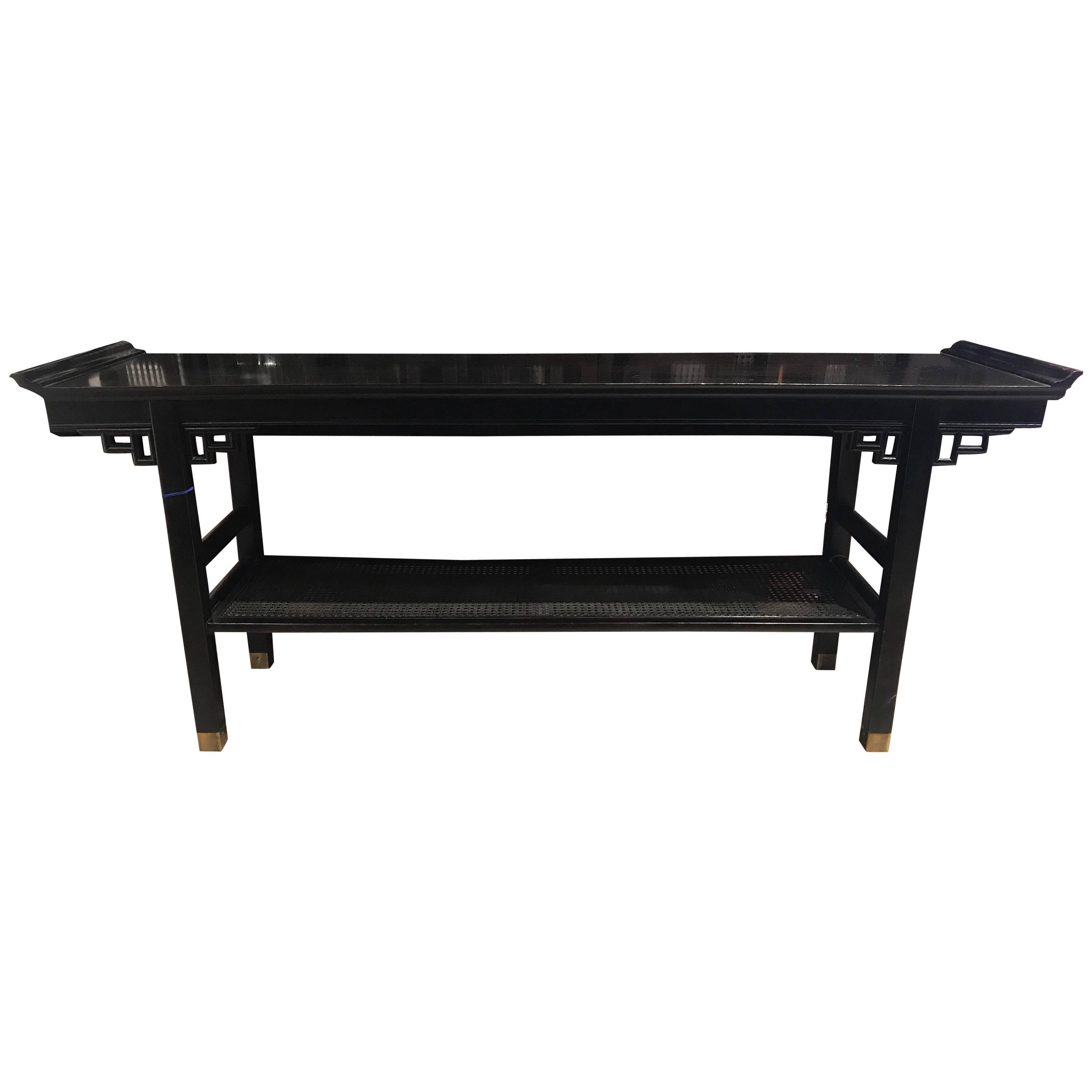 Modern Two-Tiered Pagoda Style Black Console Table with Cane with Brass Feet