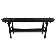 Retro Modern Two-Tiered Pagoda Style Black Console Table with Cane with Brass Feet