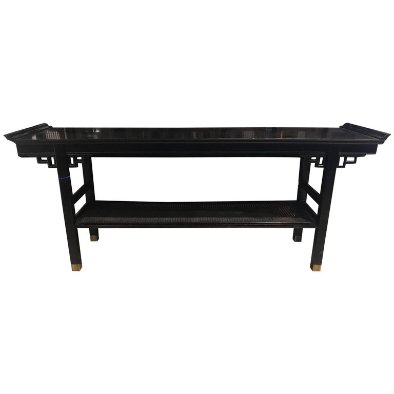 Modern TwoTiered Pagoda Style Black Console Table with Cane with Brass