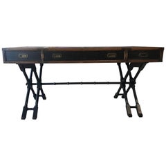 Modern Campaign Style Faux Bamboo Desk with Leather Inserts & Brass by Brandt
