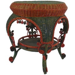 Used French Victorian Red and Green Wicker End Table