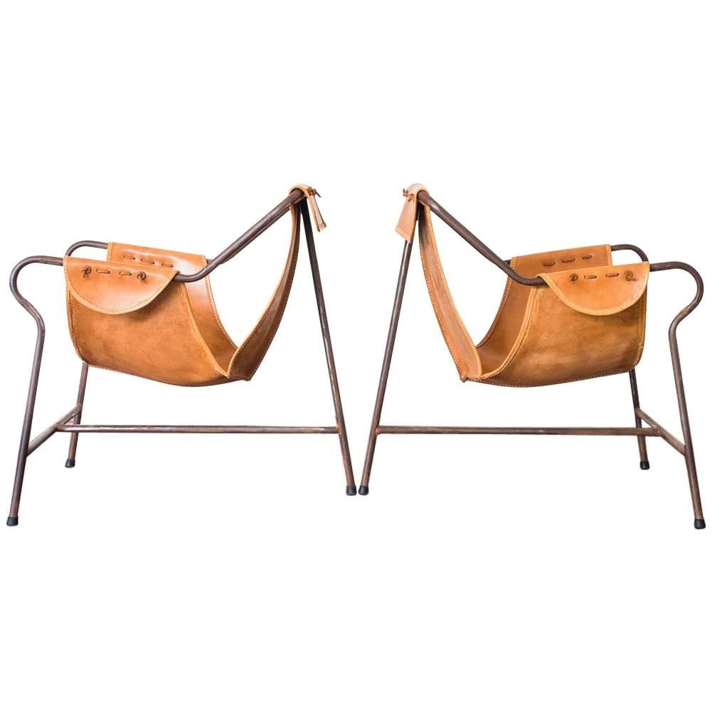 Pair of Lina Bo Bardi "Tripé" Sling Chairs in Iron and Leather, Brazil, 1948