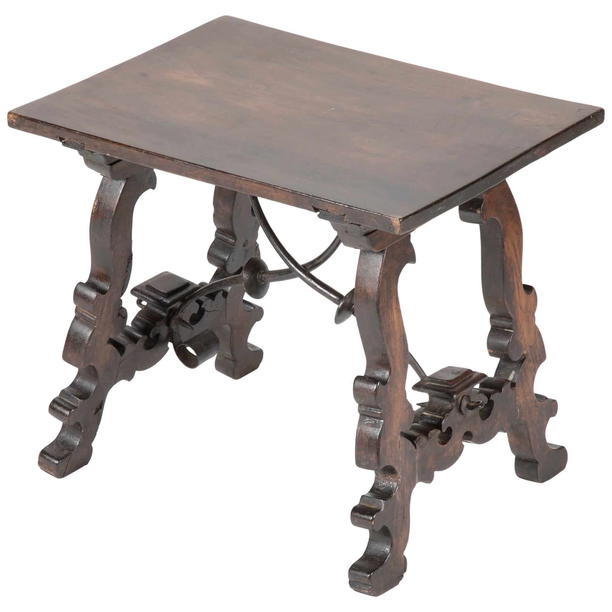 19th Century Spanish Baroque Style Walnut Side Table with Iron Stretchers