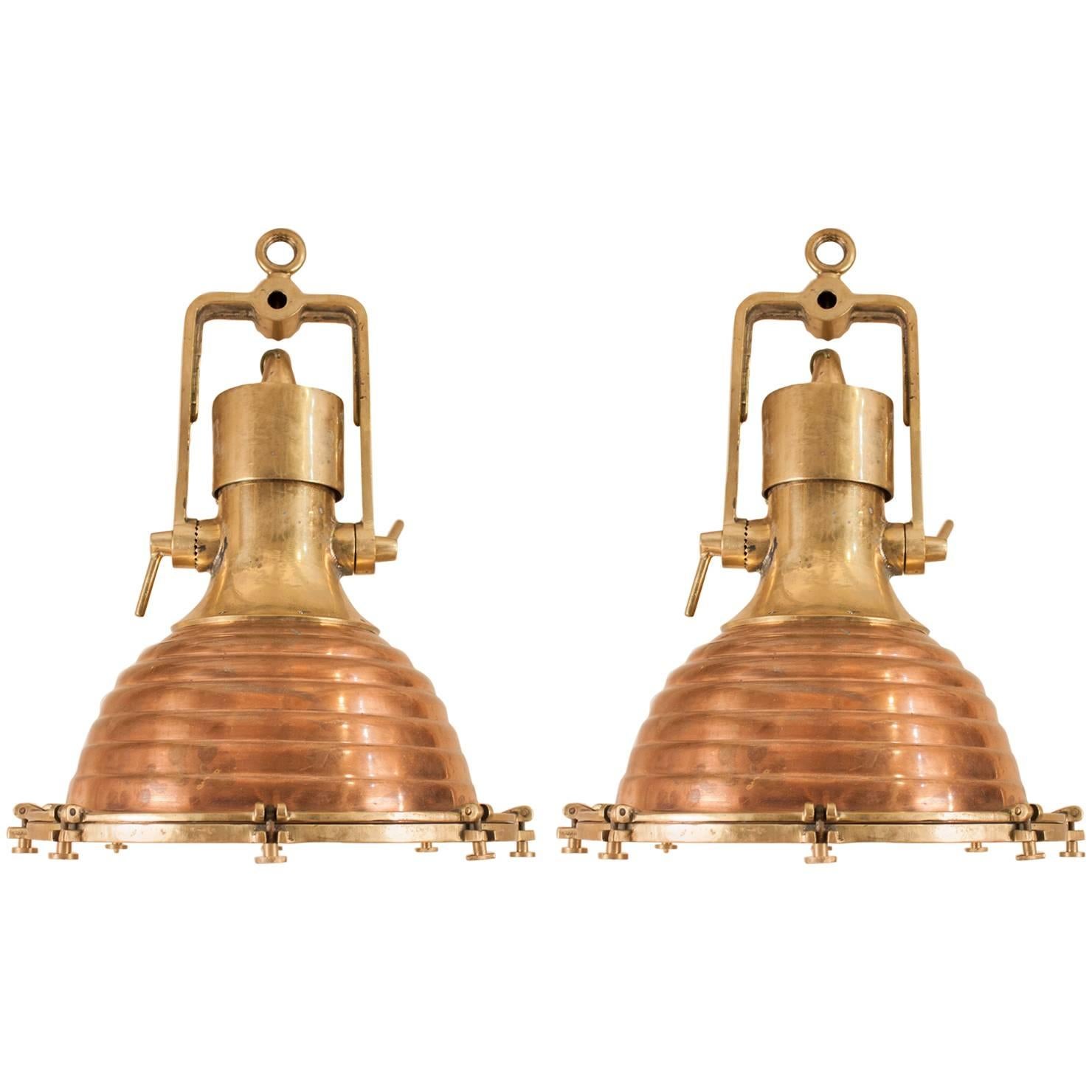 Pair of Large Copper and Brass Nautical Ship Deck Lights