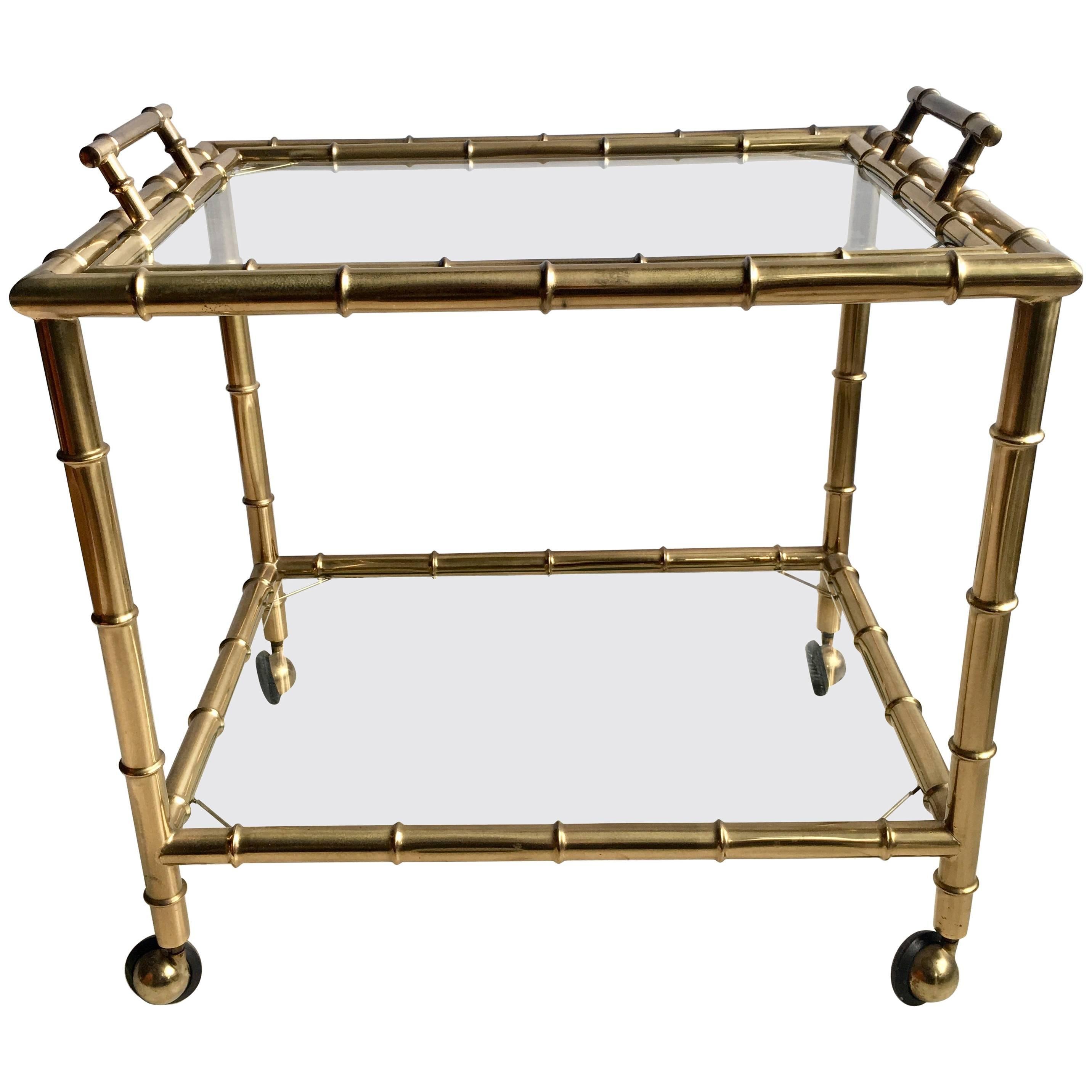 Vintage French Brass Faux Bamboo Drinks Trolley or Bar Cart For Sale