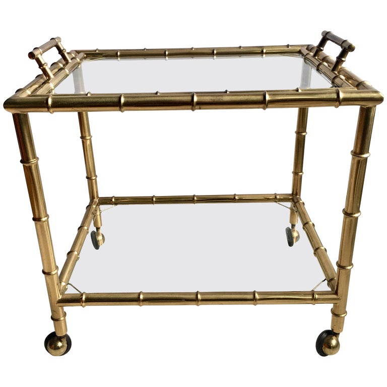 Vintage French Brass Faux Bamboo Drinks Trolley or Bar Cart For Sale at