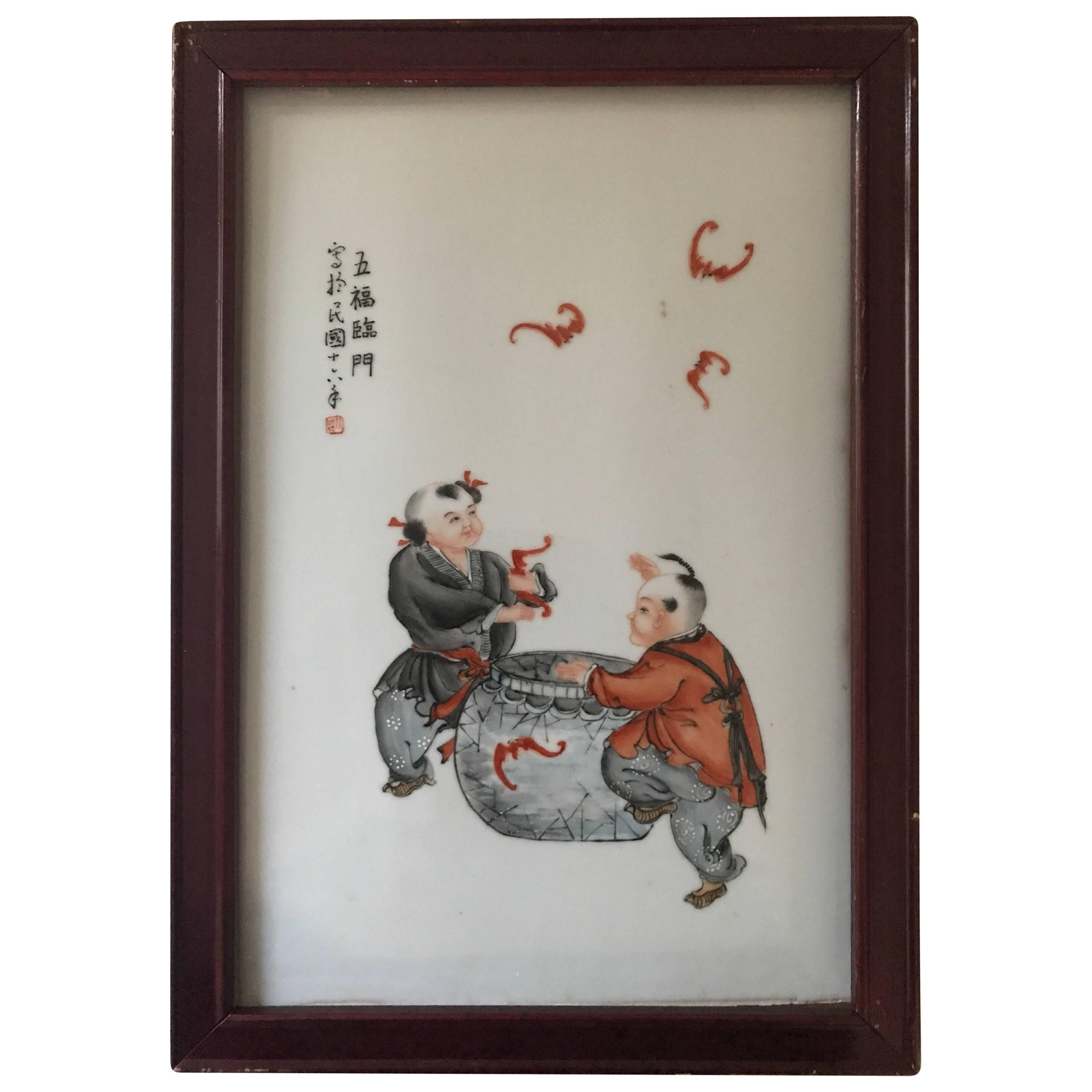 Chinese Republic Famille Rose Porcelaine Wall Plaque Wall Painting  For Sale
