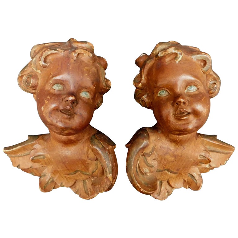 Pair of 19th Century French Carved Wood Angels For Sale at 1stDibs