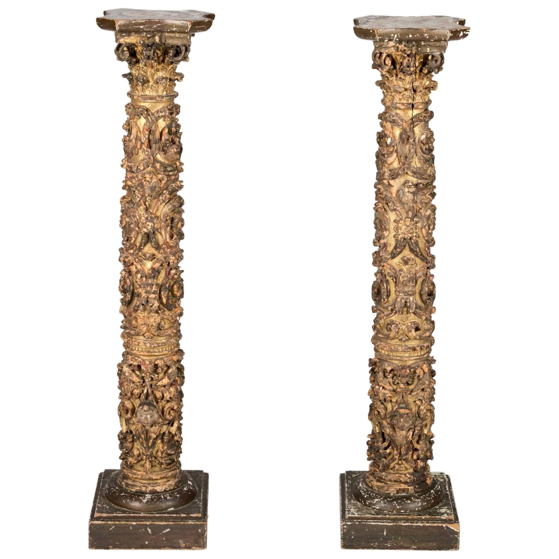 Pair of 17th Century Spanish Giltwood Column Pedestals
