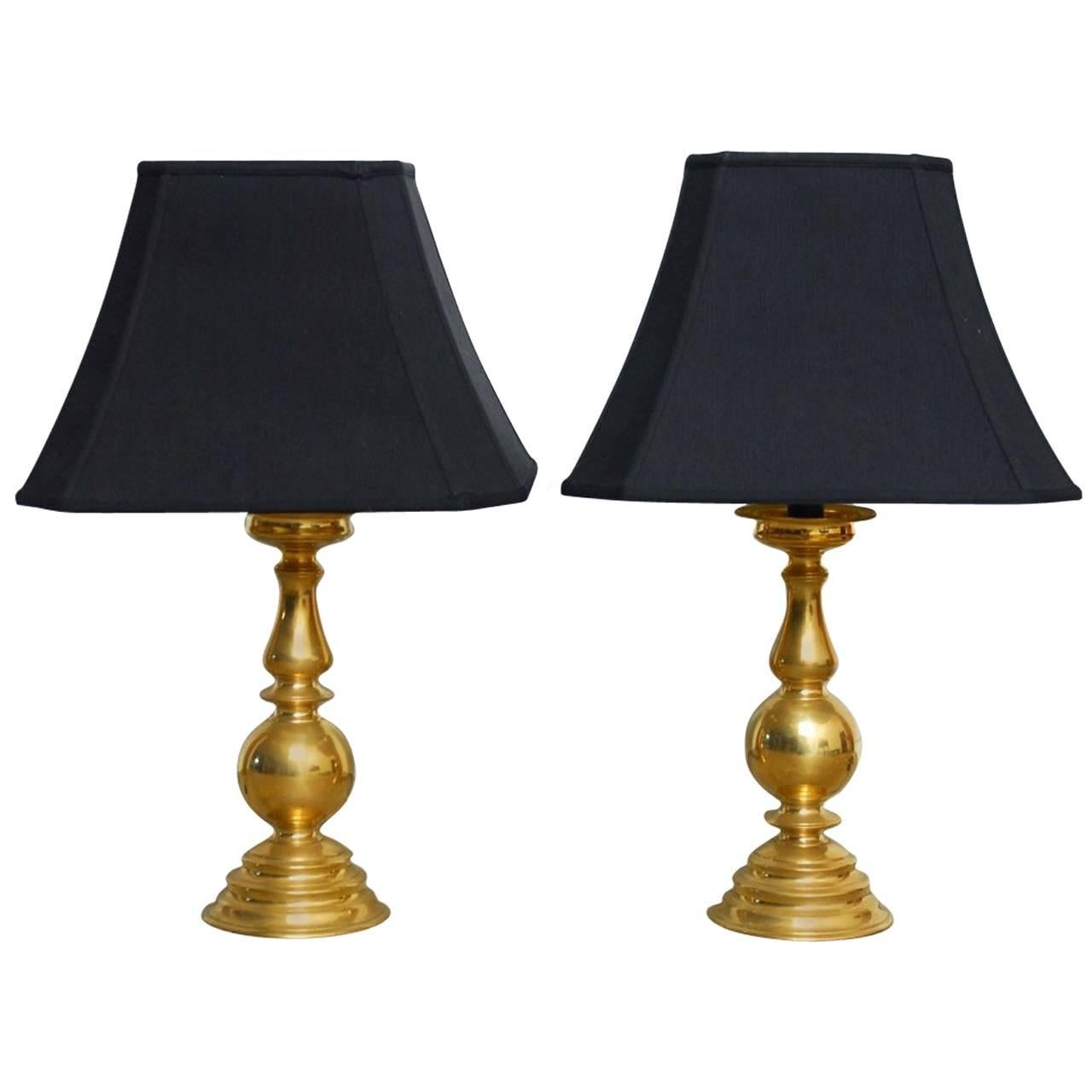 Pair of Polished Brass Baluster Form Candlestick Lamps