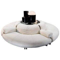 Rare and Fantastic Circular White Leather Sectional Italian Lounge Sofa, 1970s