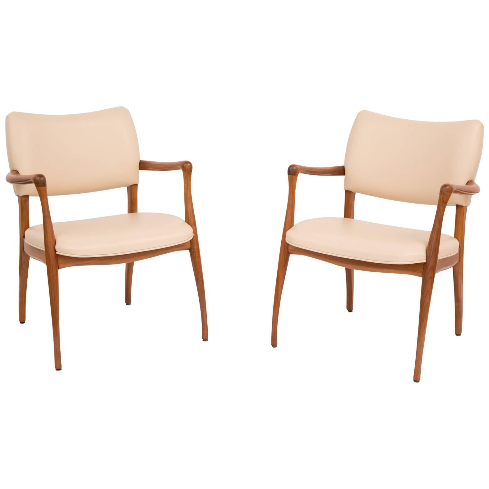 Sculptural Pair of Walnut and Leather Armchairs