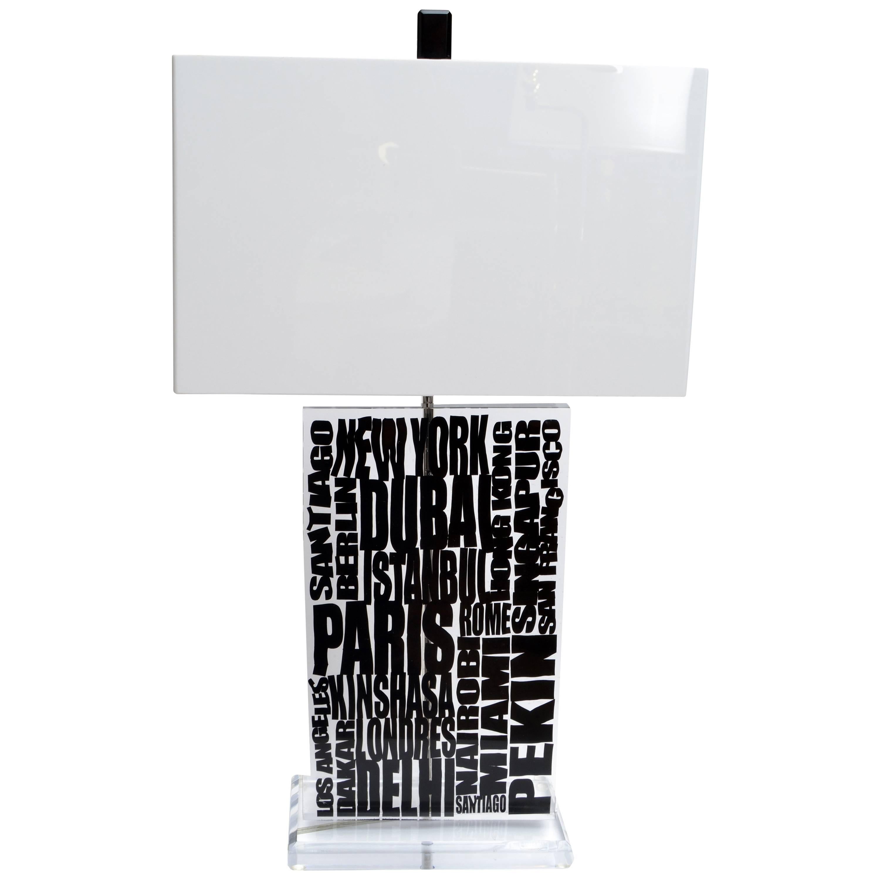 Op Art American Lucite Chrome Table Lamp with Acrylic Shade International Cities For Sale