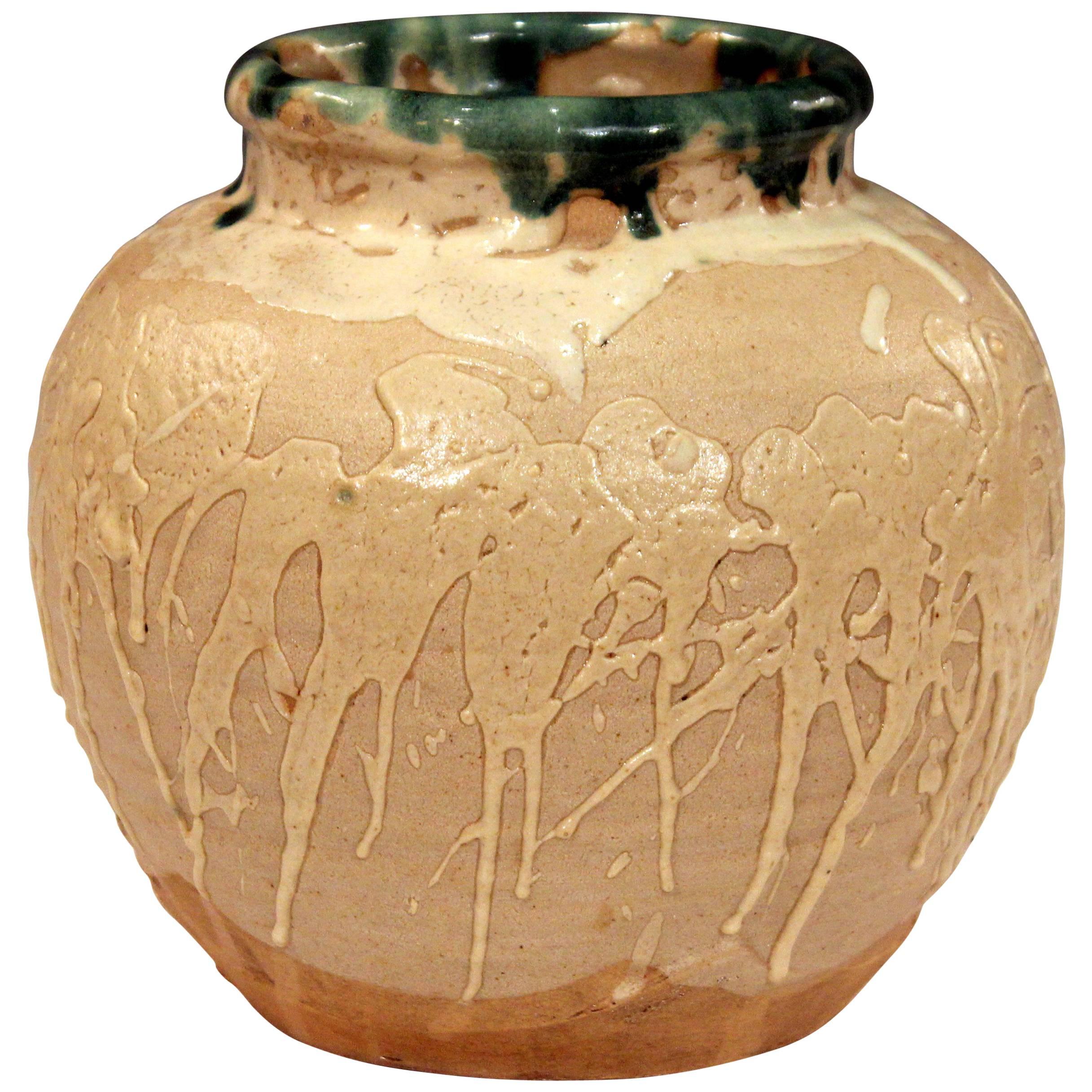 Grand vase japonais vintage en poterie Awaji à glaçure trempée et éclaboussée