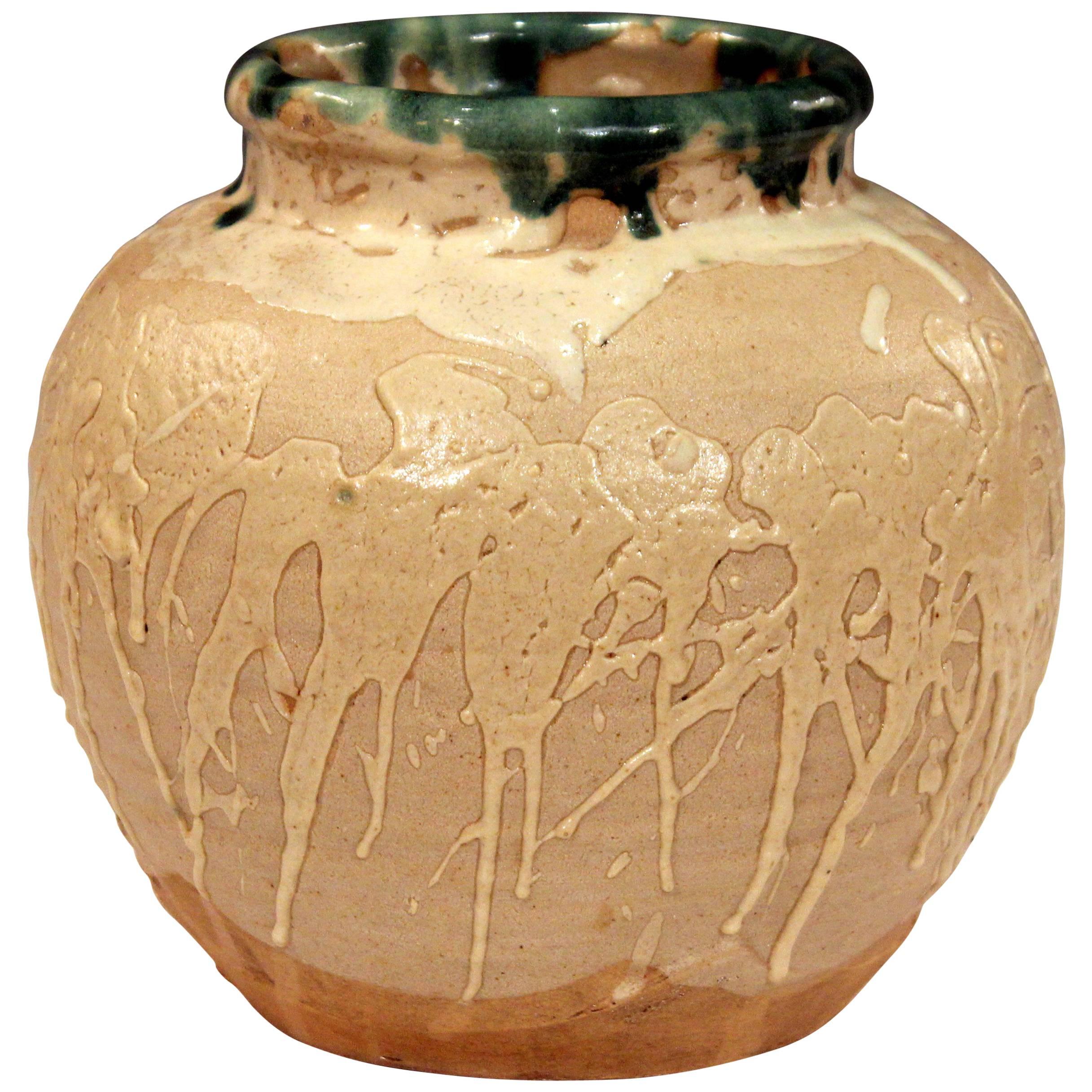 Vaso vintage Awaji Pottery grande giapponese con smalto gocciolato e schizzato