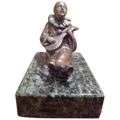 French Art Deco Bronze Sculpture Pierrot on Green Marble Base, 1930