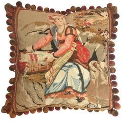 Antique European Needlepoint Pillow with Designer Wool Ball Fringe