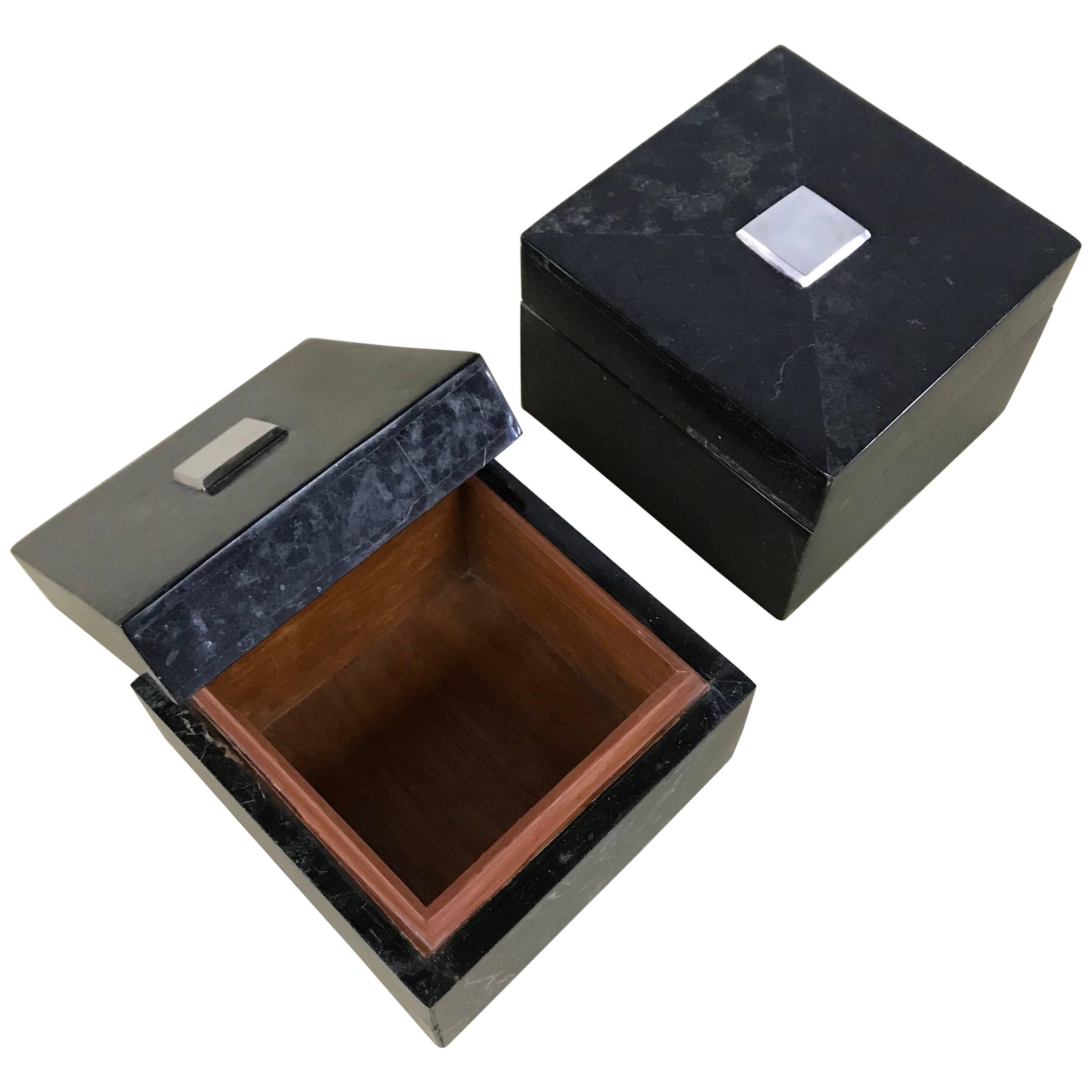 Pair of Maitland-Smith Tessellated Black Marble and Nickel Boxes