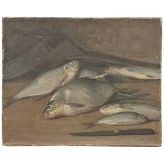 French Oil on Canvas with Fish, Signed and Dated 1913