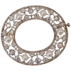 White Gold Diamonds and Pearls Mario Buccellati Oval Brooch, 1995