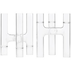Contemporary Set of Two Czech Clear Glass Trio Candelabras / Bud Vases In Stock