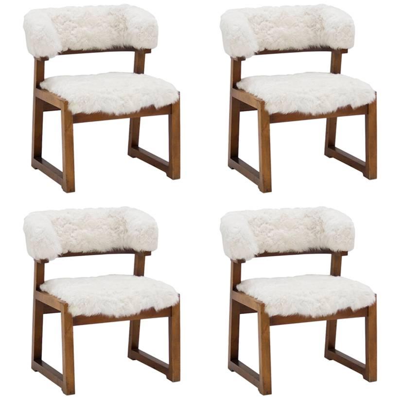 Set of Four Armchairs by Juan Gamboa, Wood and Upholstery with Lambskin, 1968