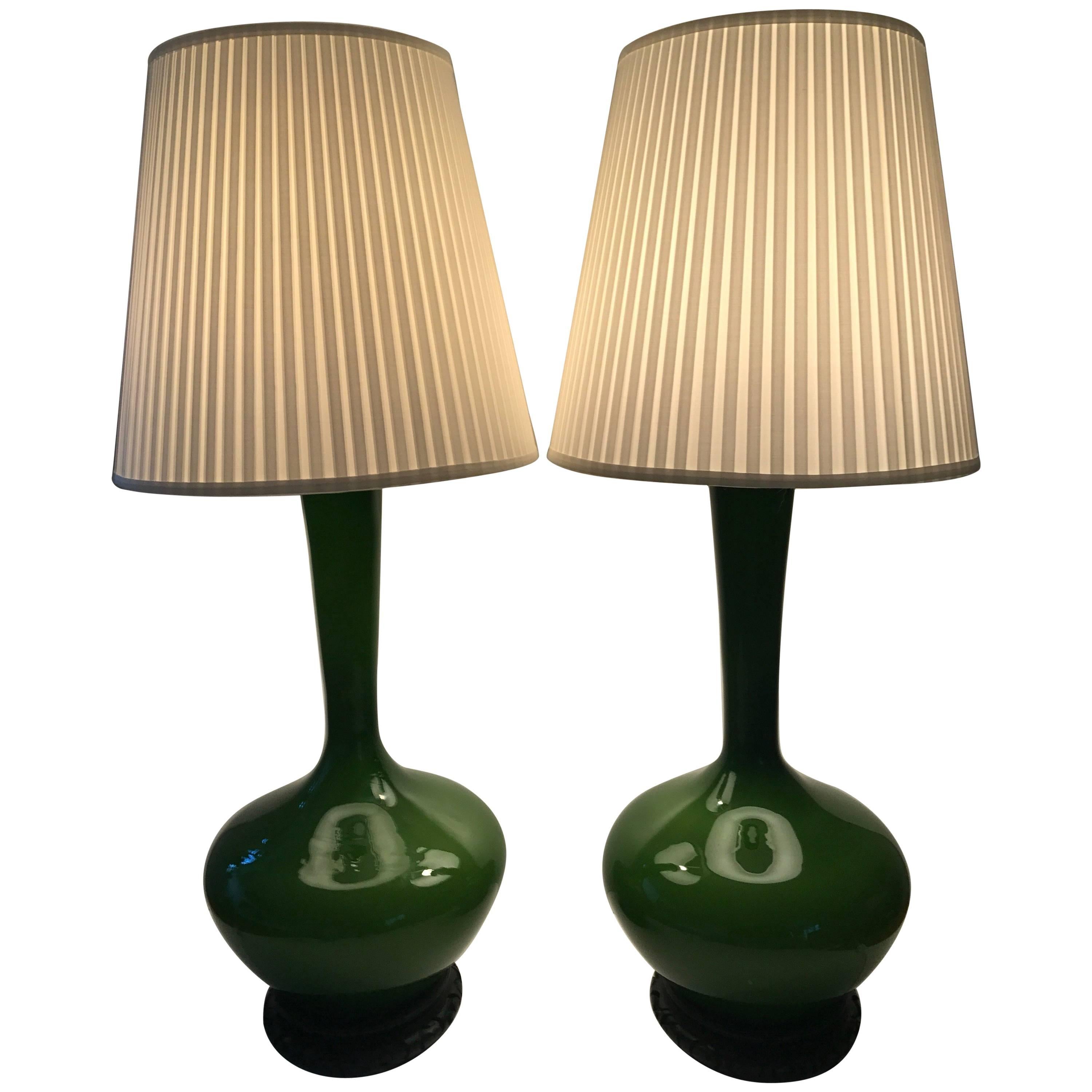 Rare Very Large Swedish Orrefors Pair of Green Opaline Glass Table Lamps, 1950 For Sale