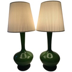 Rare Very Large Swedish Orrefors Pair of Green Opaline Glass Table Lamps, 1950