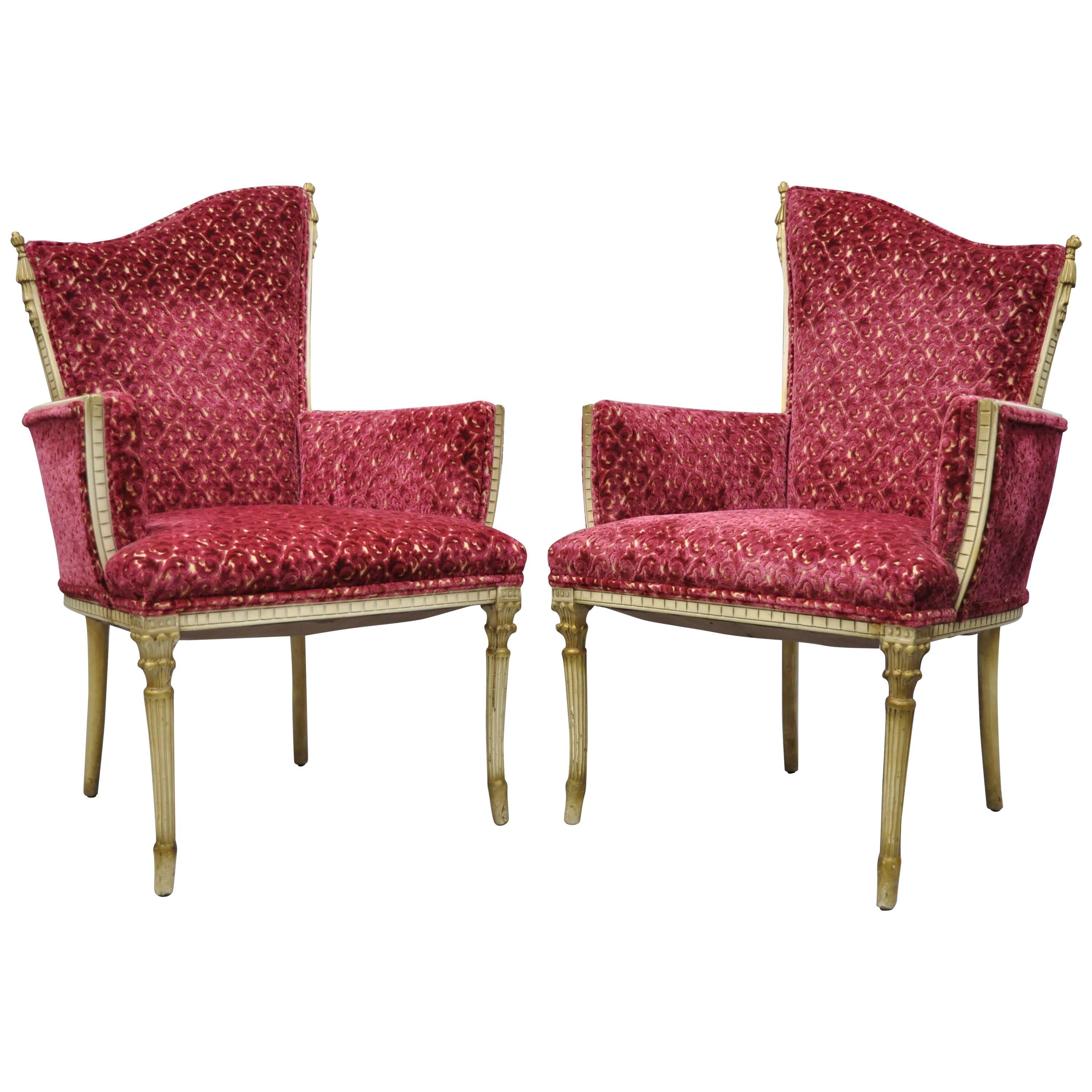 Pair of Hollywood Regency French Style Carved Tassel Fireside Lounge Chairs Red