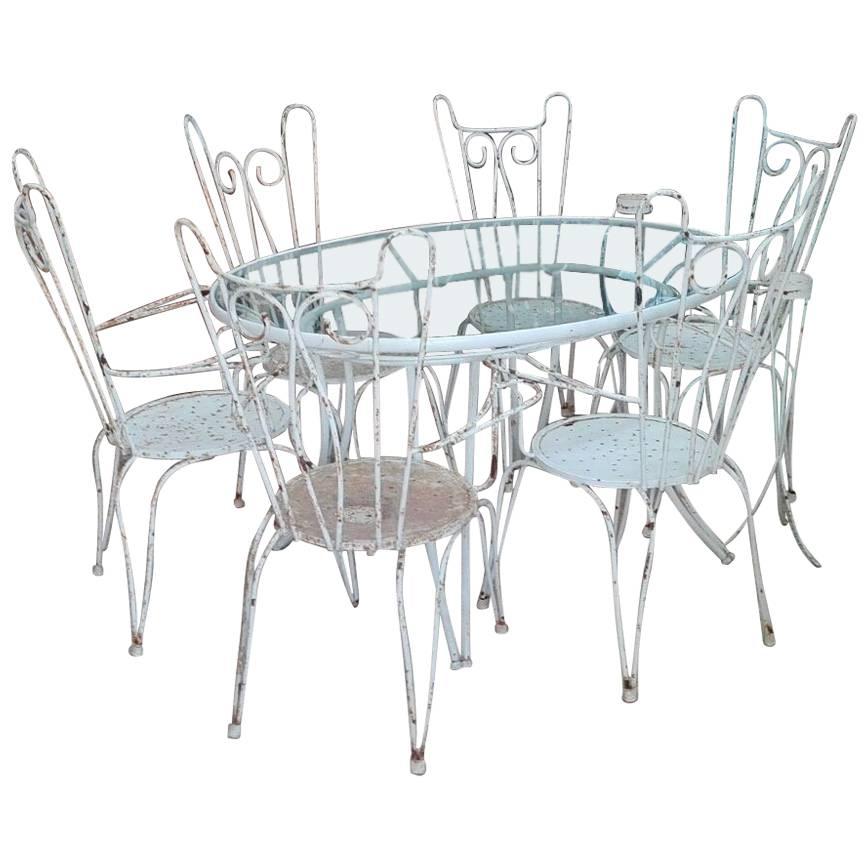 Art Deco, Table and Six Garden Chairs, Iron, French Style