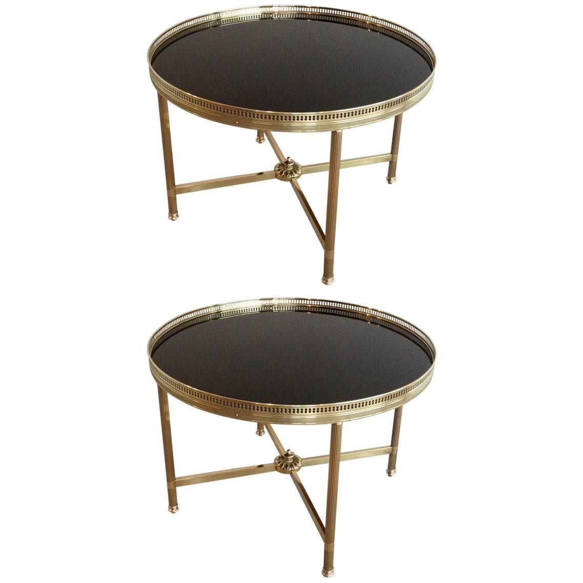 Pair of Round Brass End Tables with Black Glass Tops