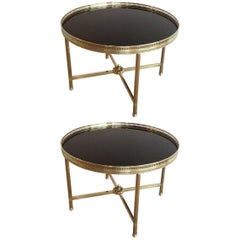 Pair of Round Brass End Tables with Black Glass Tops Pair of Round Brass End Tables with Black Glass Tops