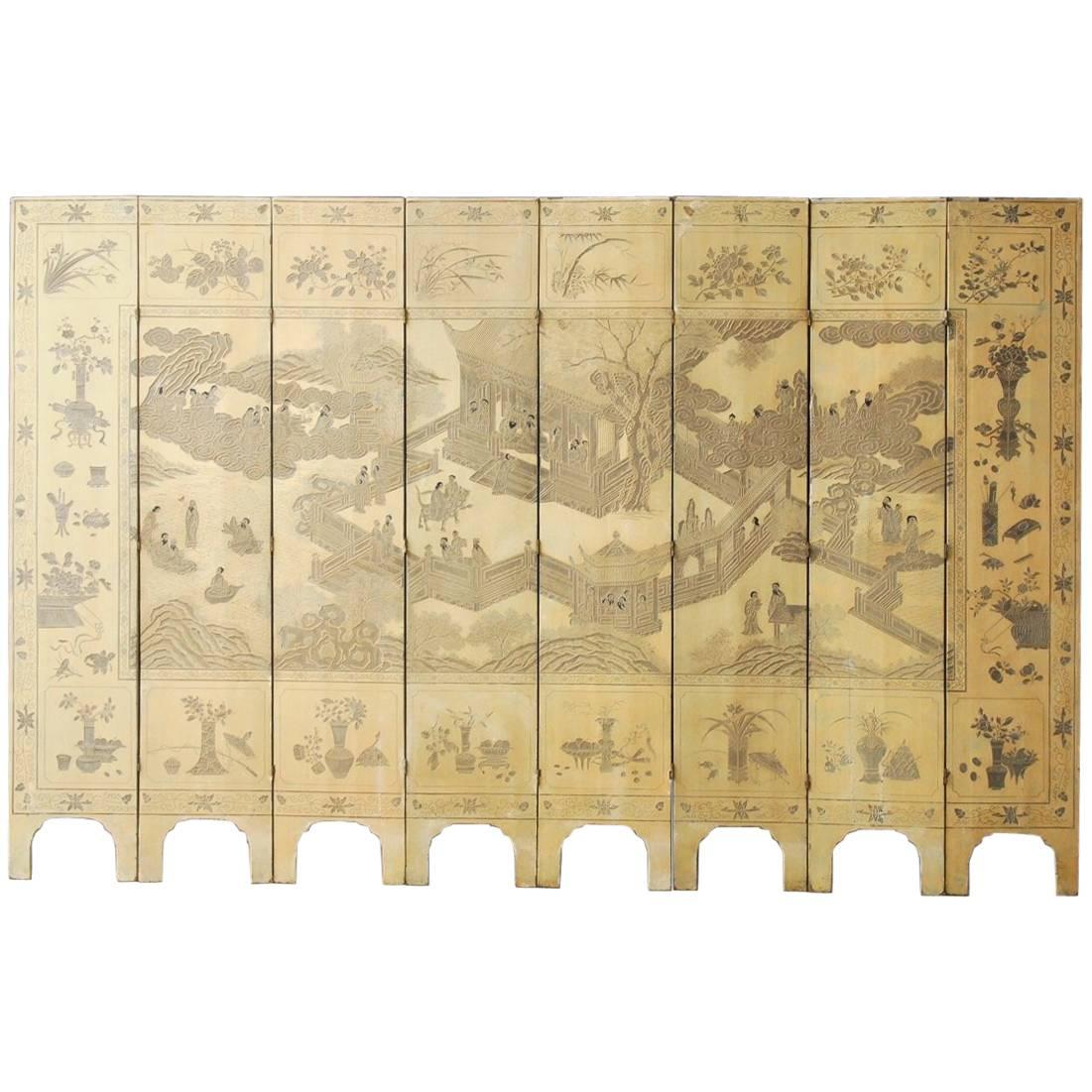 Chinese Eight-Panel Monochromatic Ivory Coromandel Screen